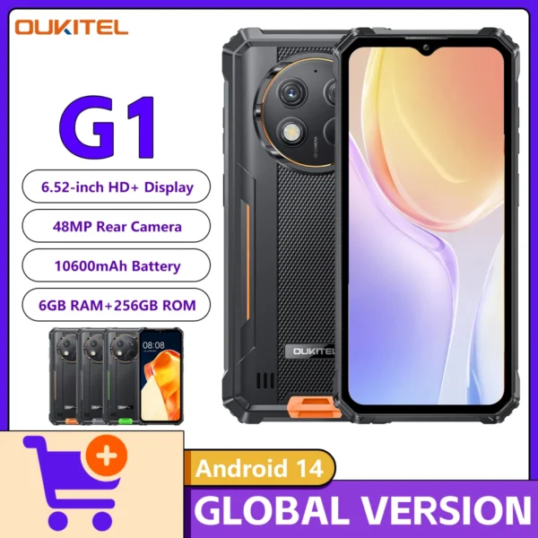 Oukitel G1 Smartphone Robusto Android 14 6,52 ''HD + 10600mAh 6GB RAM + 256GB ROM T606 Octa-core 48MP Câmera Celular NFC